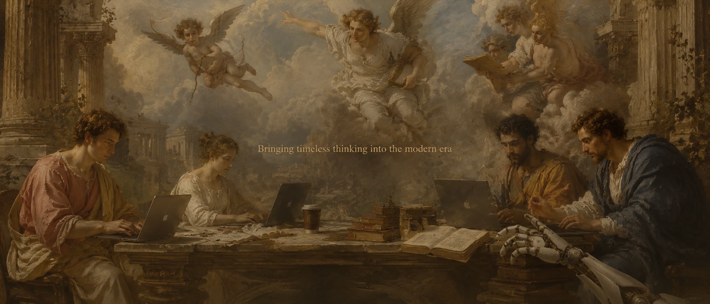 Footer/closing banner: cherubs and scholars motif with 'Bringing timeless thinking into the modern era' tagline overlay