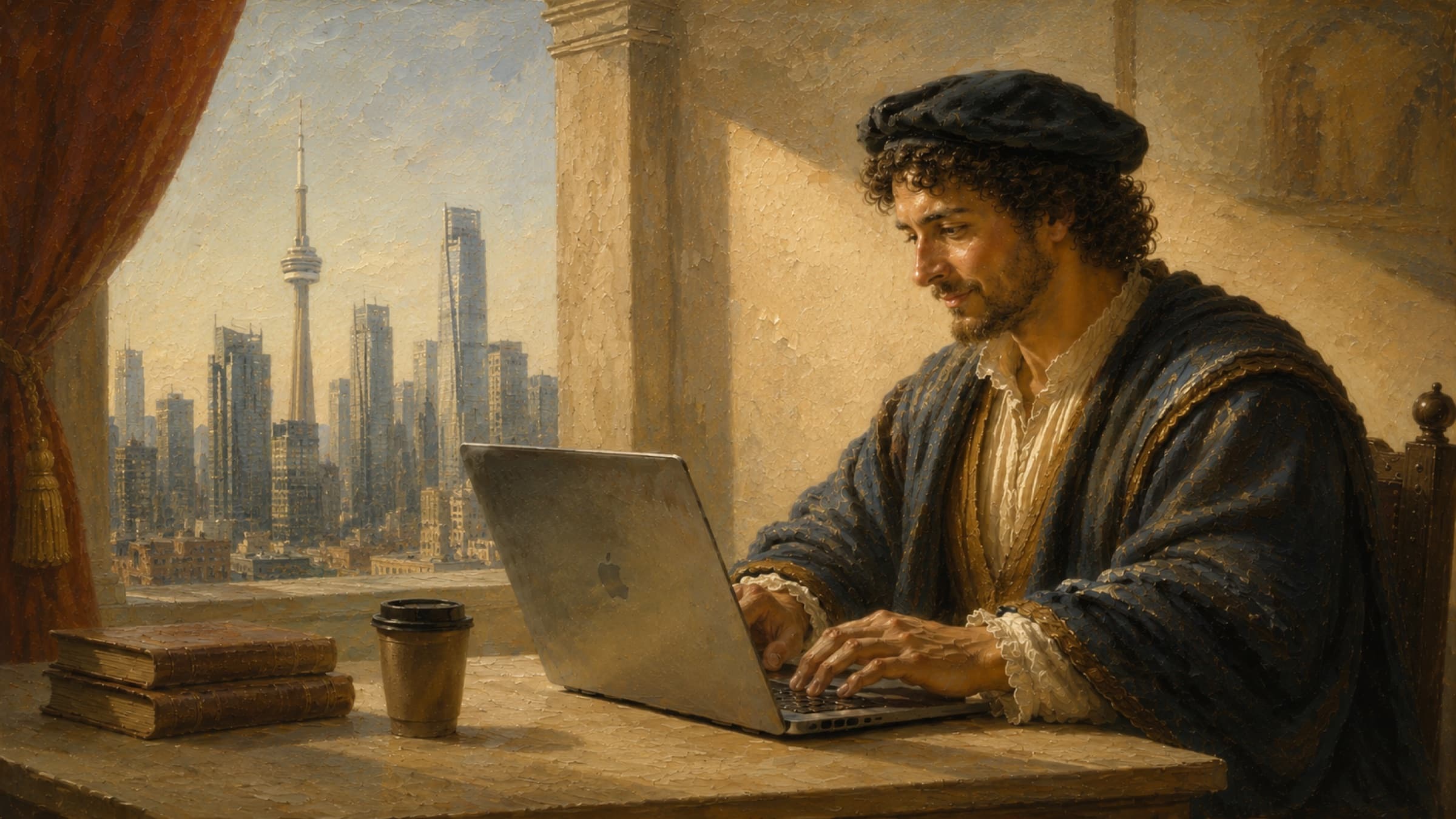 Hero background: Renaissance scholar working at a laptop overlooking a city skyline